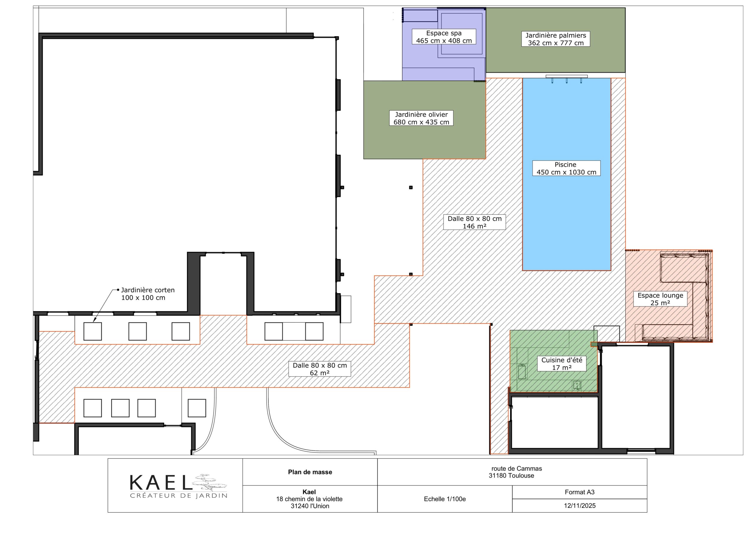 Plan de masse jardin KAEL : piscine, spa, cuisine d'été et espaces verts sur dalles 80x80 à Toulouse.