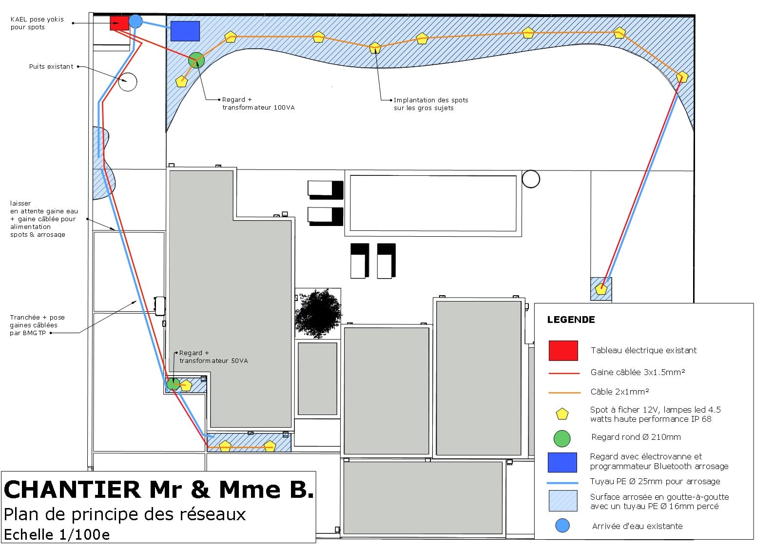 Plan de principe des réseaux électriques et d'arrosage, Chantier Mr & Mme B., échelle 1/100e.