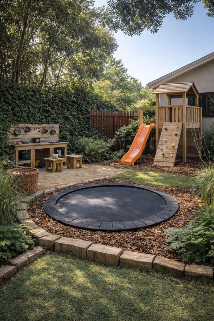 Aire de jeux avec trampoline enterré, cabane en bois et cuisine d'été ludique dans un jardin verdoyant.