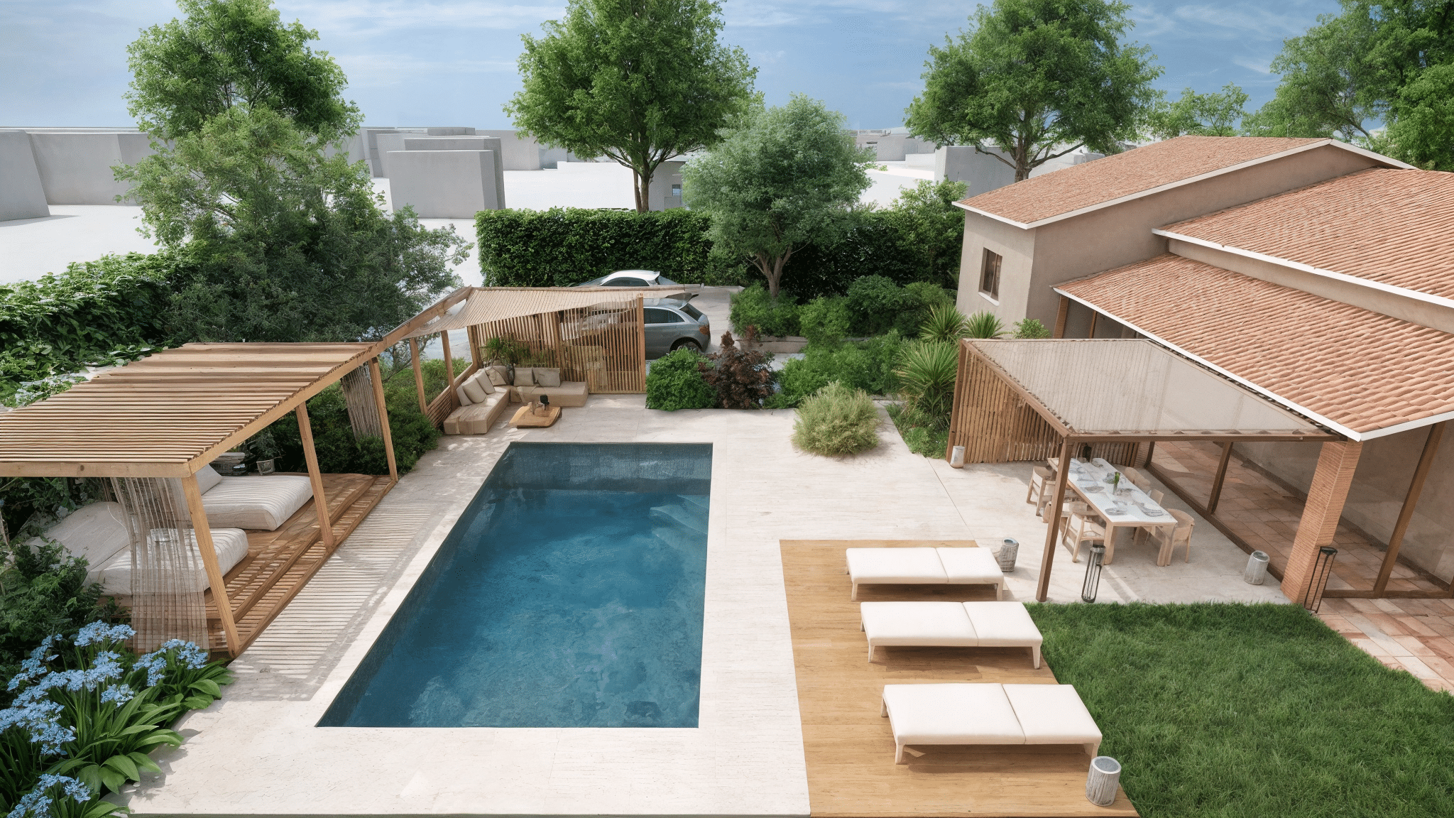 Aménagement de jardin luxueux avec piscine, terrasses en bois, pergolas modernes et villa avec toit en tuiles.