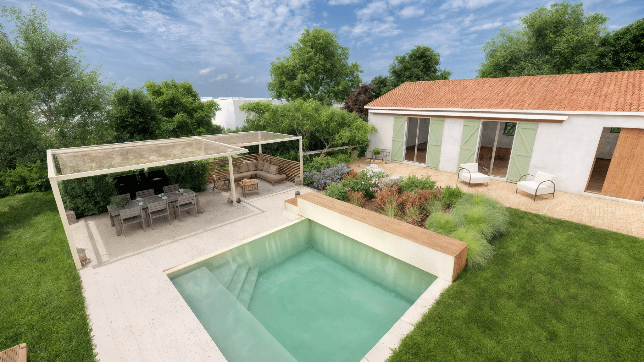 Jardin avec piscine turquoise, pergola moderne et maison aux volets verts sous un ciel bleu dégagé.