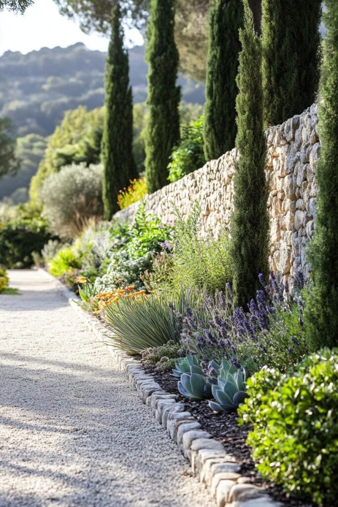 Allée en gravier bordée de lavande, succulentes et cyprès longeant un mur de pierre sous le soleil.