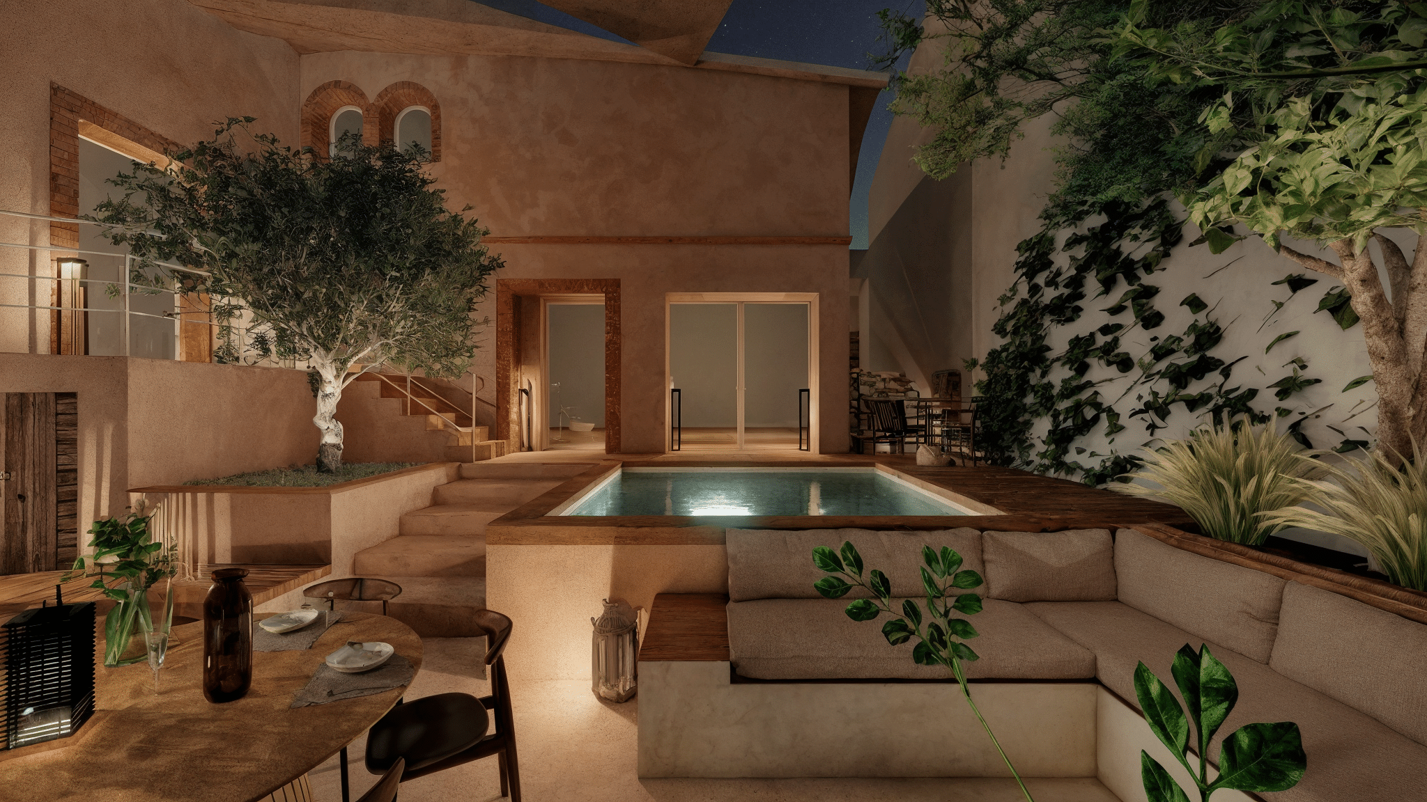 Patio méditerranéen nocturne avec piscine carrée, salon de jardin chaleureux et plantes luxuriantes sous les étoiles.