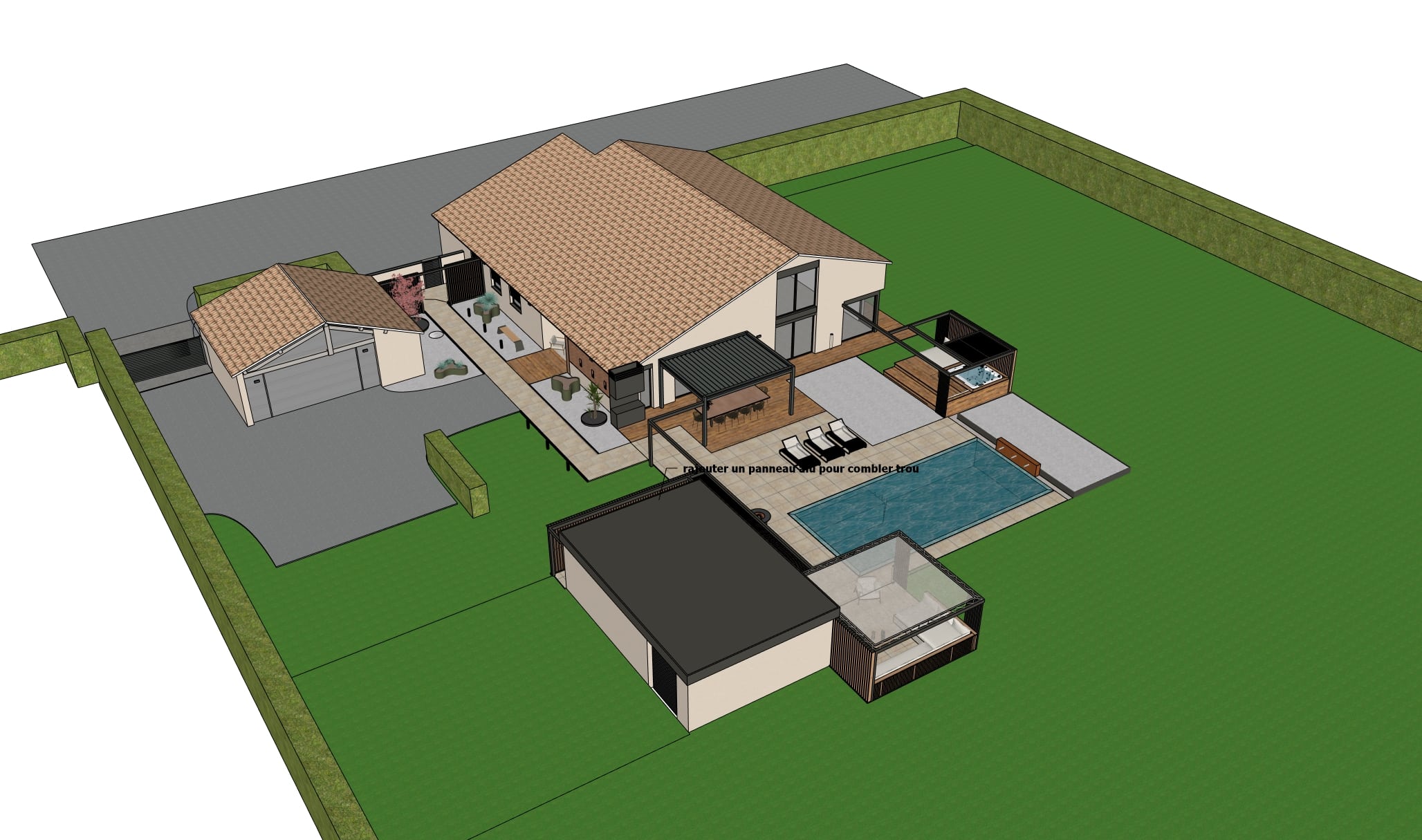 Vue 3D d'une maison avec piscine, pergola et jardin. Texte : rajouter un panneau alu pour combler trou.
