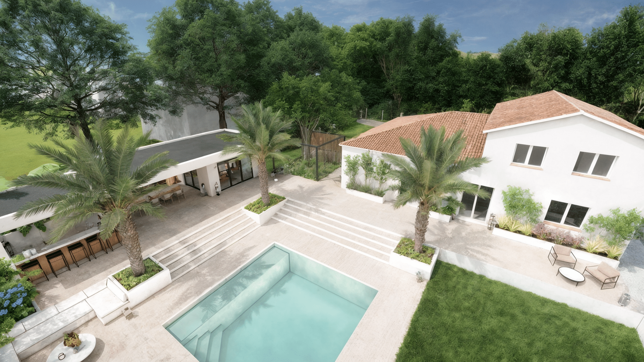 Villa moderne avec piscine, palmiers, bar extérieur et jardin paysager sous un ciel bleu.