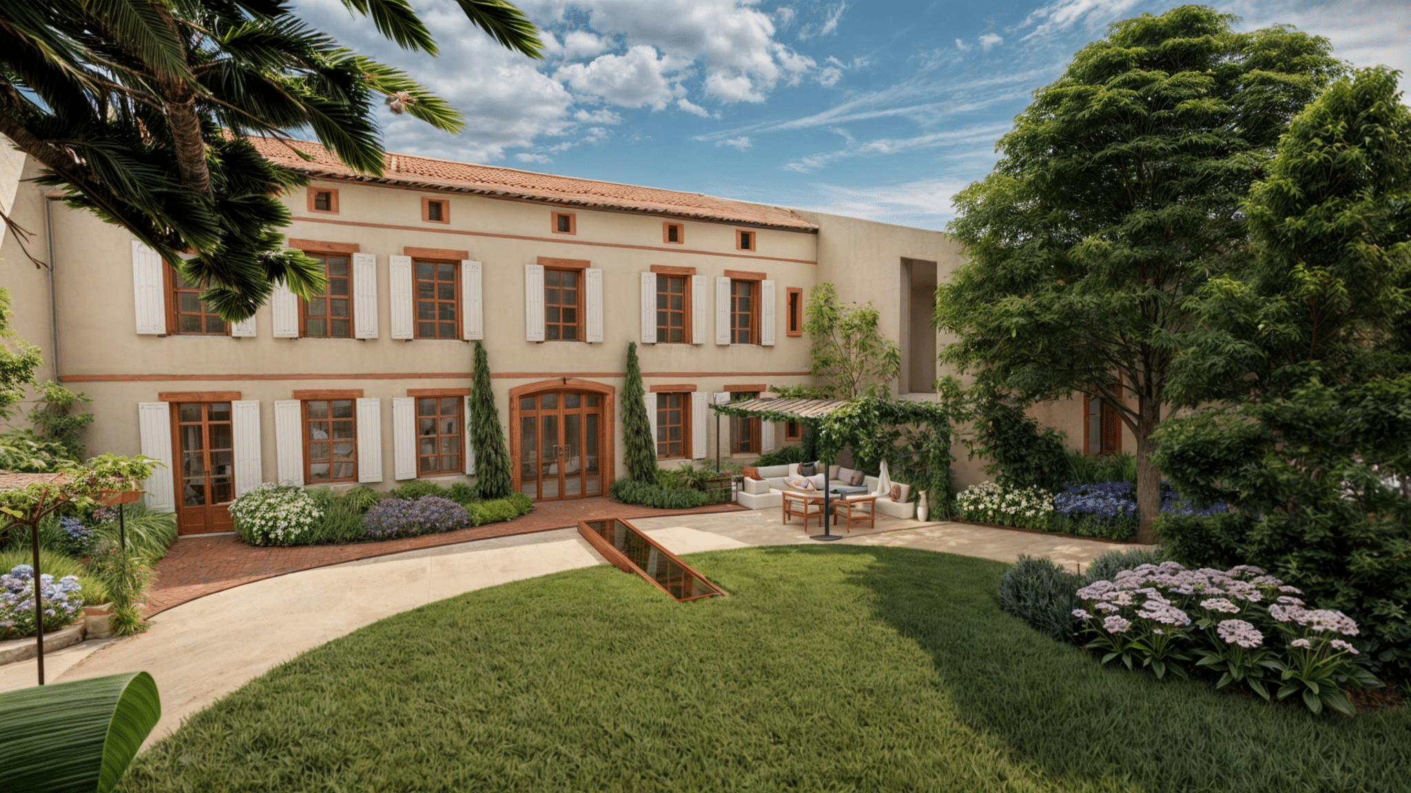 Villa toulousaine élégante avec jardin fleuri, terrasse aménagée et pelouse impeccable sous un ciel azur.